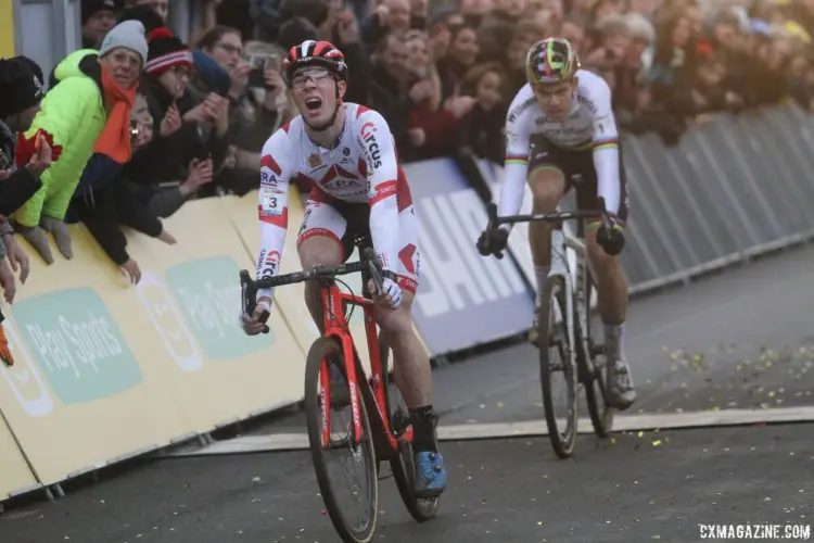 Laurens Sweeck held off Wout van Aert in the last lap to take second. 2017 World Cup Zolder. © B. Hazen / Cyclocross Magazine