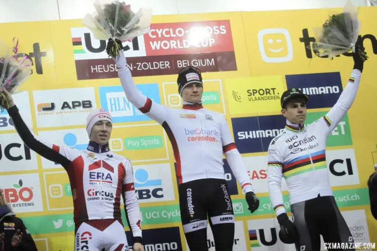 Men's podium: Mathieu van der Poel, Laurens Sweeck and Wout van Aert. 2017 World Cup Zolder. © B. Hazen / Cyclocross Magazine