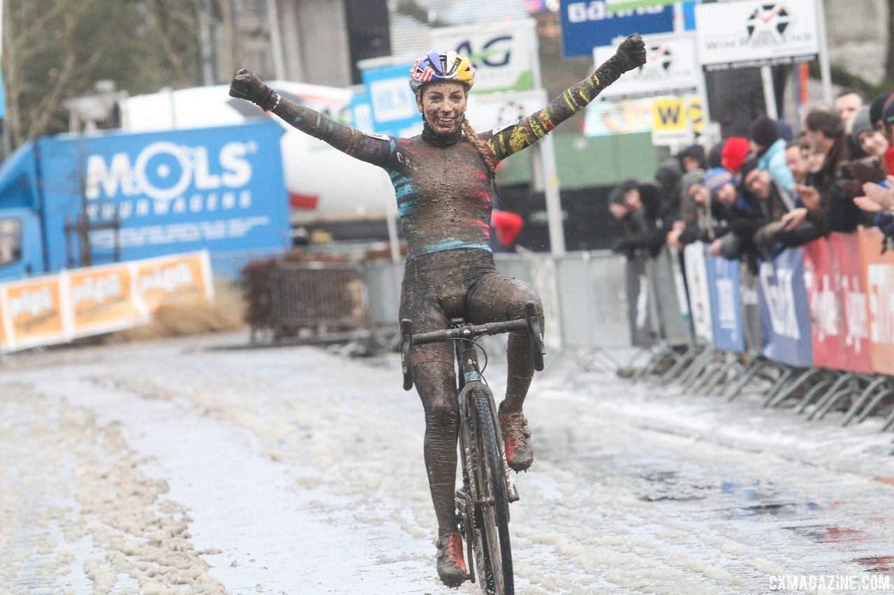 Ferrand-Prevot won a muddy Druivencross during her 2017 return to cyclocross. 2017 Vlaamse Druivencross. © B. Hazen / Cyclocross Magazine