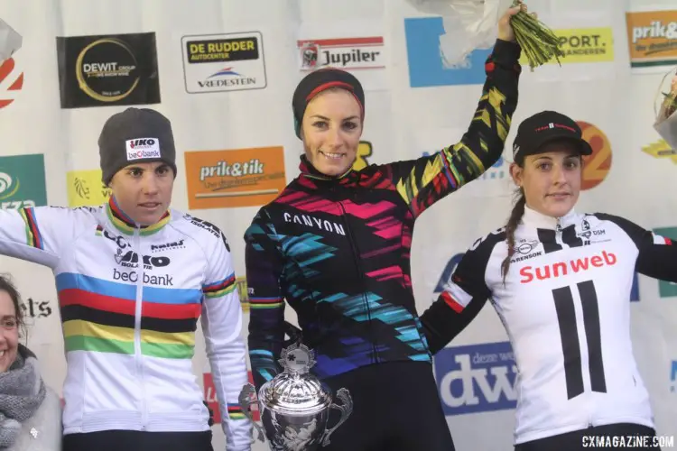 Women's podium: Ferrand Prevot, Cant and Brand. 2017 Vlaamse Druivencross. © B. Hazen / Cyclocross Magazine