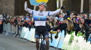Mathieu van der Poel celebrates his 20th win of the season. 2017 Azencross Loenhout. © B. Hazen / Cyclocross Magazine