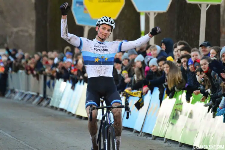 Mathieu van der Poel celebrates his 20th win of the season. 2017 Azencross Loenhout. © B. Hazen / Cyclocross Magazine