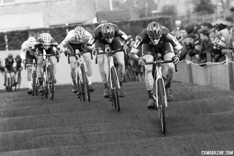 Corne van Kessel leads a group of riders through the famed Azencross rollers. 2017 Azencross Loenhout. © B. Hazen / Cyclocross Magazine