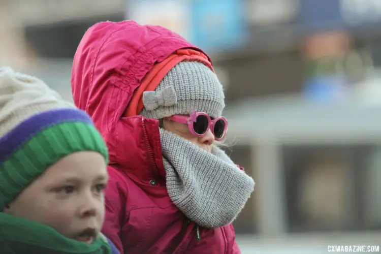 Cold weather calls for cold weather style for this young fan. 2017 Azencross Loenhout. © B. Hazen / Cyclocross Magazine