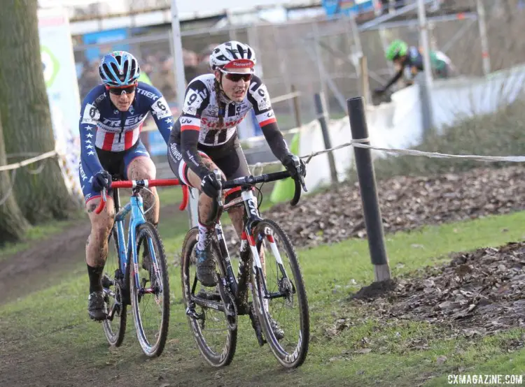 Lucinda Brand and Katie Compton battled for the second podium spot after Sanne Cant went solo off the front. 2017 Azencross Loenhout. © B. Hazen / Cyclocross Magazine