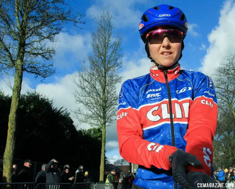 A rare shot of Eva Lechner in the red and blue of the Clif Pro Team and not her special Italian National Champion's kit. 2017 Azencross Loenhout. © B. Hazen / Cyclocross Magazine