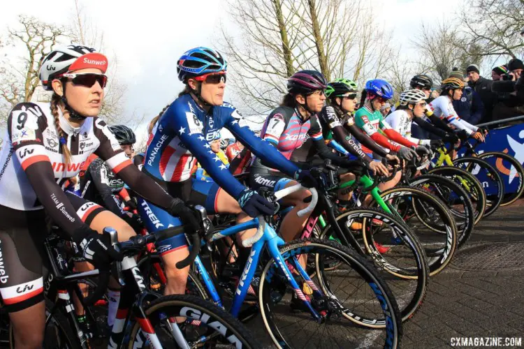 The women stand at the ready to blast out for the holeshot. 2017 Azencross Loenhout. © B. Hazen / Cyclocross Magazine