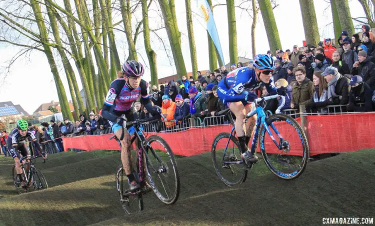Katie Compton, Helen Wyman and Loes Sels go through the rollers. 2017 Azencross Loenhout. © B. Hazen / Cyclocross Magazine