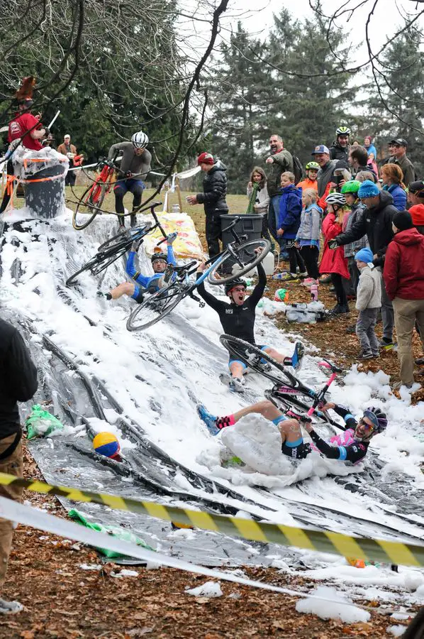The Elite Men's leaders go down the Hodala slip-n-slide. 2017 MFG Cyclocross Woodland Park. photo: Crofoot Photography