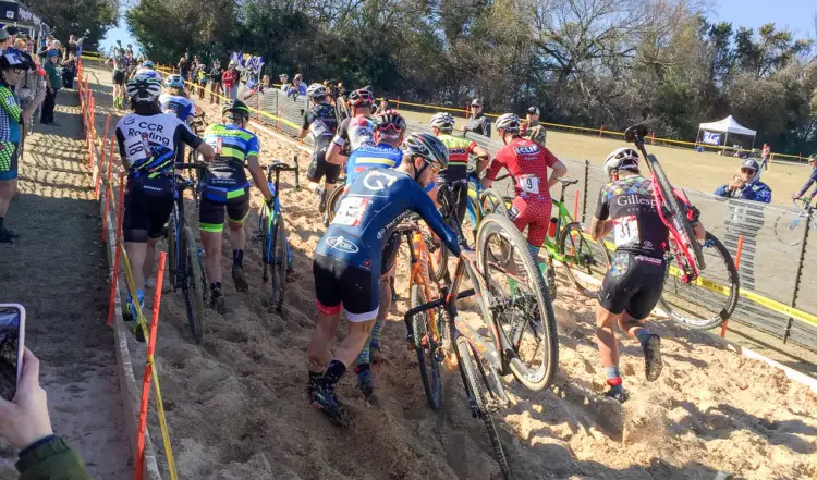 The men tackle the long sand pit. 2017 Resolution Cross Cup Day 1. photo: Heather Sawtelle / Peloton