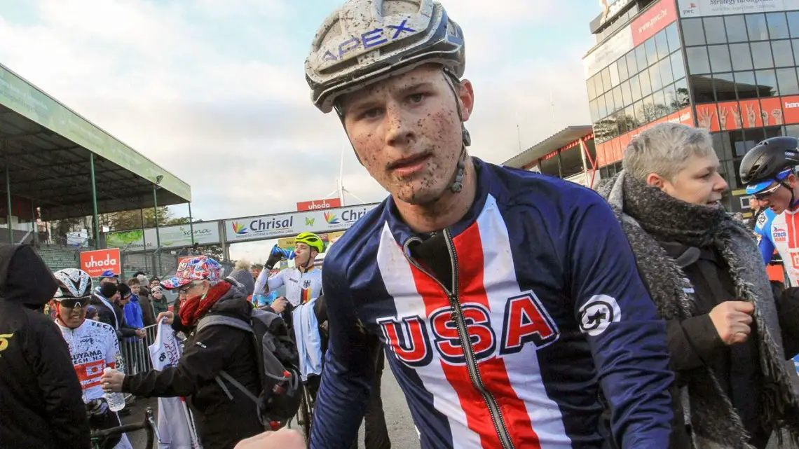 Greg Gunsalus (AP Junior Devo p/b Corner Cycle) got to take home some mud for his effort. 2017 World Cup Zolder. © B. Hazen / Cyclocross Magazine