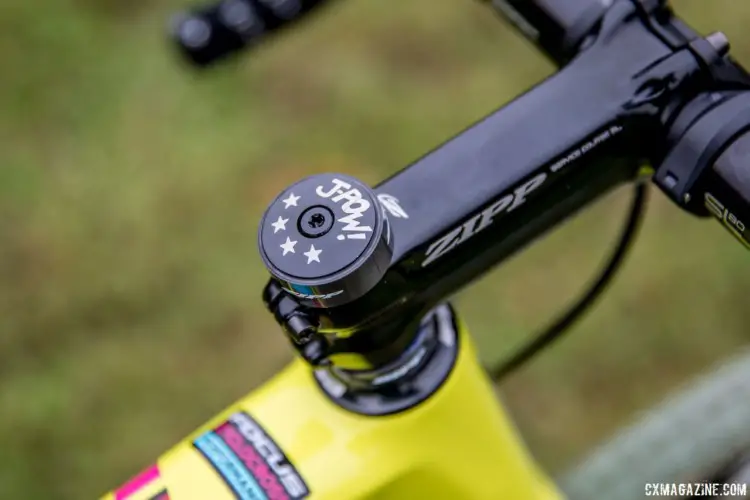 A custom J-Pow! headset cap adorns Powers' bikeJeremy Powers' 2017 Pan-Ams Focus Mares. © D. Perker / Cyclocross Magazine