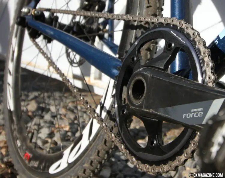 Miller used a Force CX1 crank with 40t X-Sync wide/narrow ring and Shimano XTR pedals. 2018 Cyclocross National Championships. © D. Mable/ Cyclocross Magazine