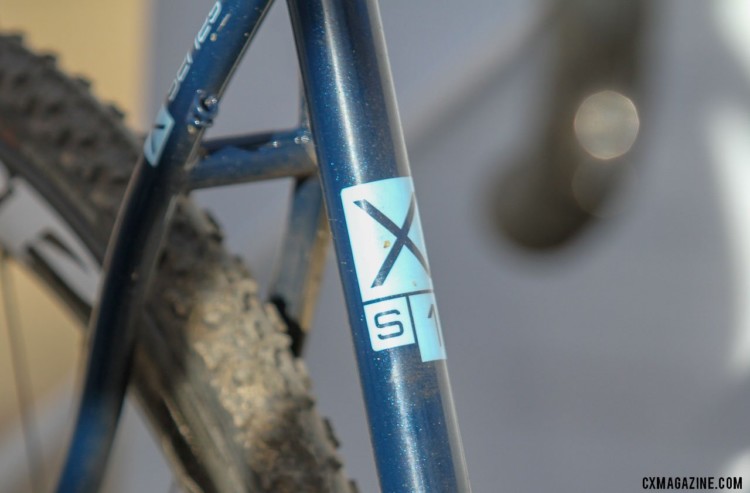 The Mosaic XS1 is the Colorado company's steel cyclocross frame. Cable guides for a rear derailleur are visible on the seat stay, adding versatility to the bike. 2018 Cyclocross National Championships. © D. Mable/ Cyclocross Magazine