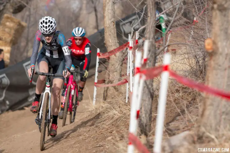 Maghan Owens navigates the tricky off-camber descent. U23 & Junior Women. 2018 Cyclocross National Championships. © A. Yee / Cyclocross Magazine