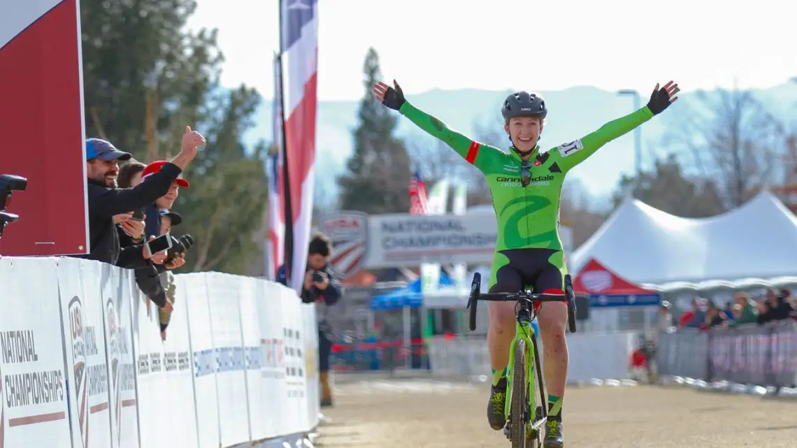 Emma White celebrates her U23 national championship. 2018 Cyclocross National Championships. © D. Mable/ Cyclocross Magazine