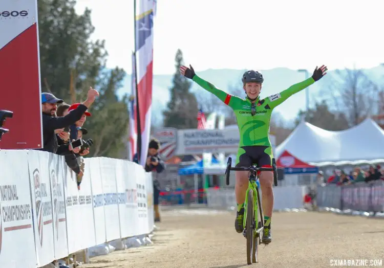 Emma White celebrates her U23 national championship. 2018 Cyclocross National Championships. © D. Mable/ Cyclocross Magazine