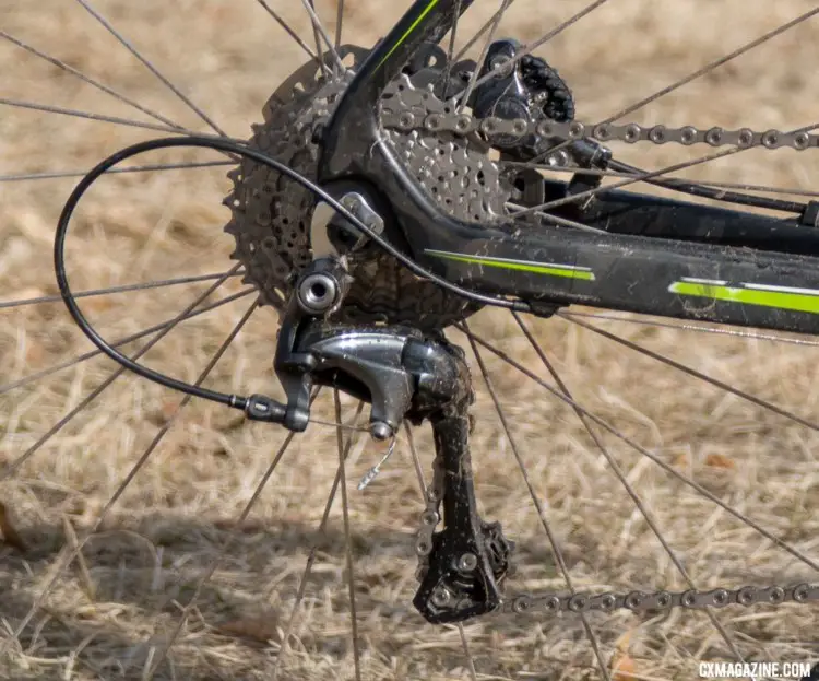 Funston's second bike was set up with riding the run-up in mind. It was equipped with a long cage derailleur and an 11-32 cassette. Rad Racing teammate Calder Wood rode the hill most laps. 2018 Cyclocross National Championships. © C. Lee / Cyclocross Magazine