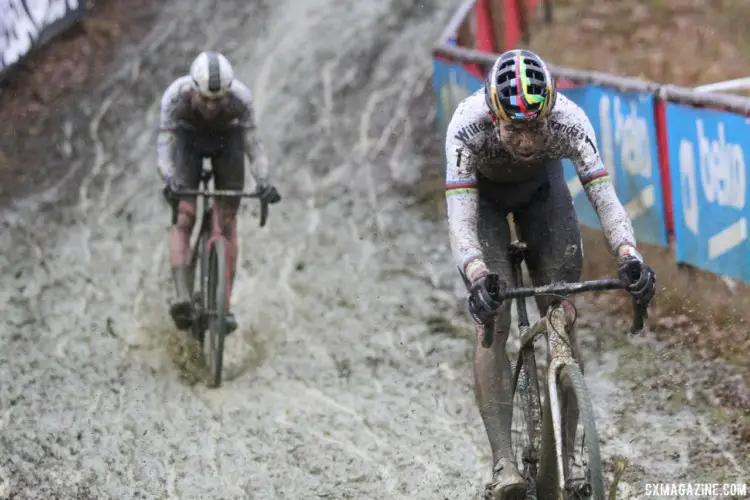 Wout van Aert led his rival Van der Pole before the Dutchman pulled ahead for good. 2018 GP Sven Nys Baal. © B. Hazen / Cyclocross Magazine