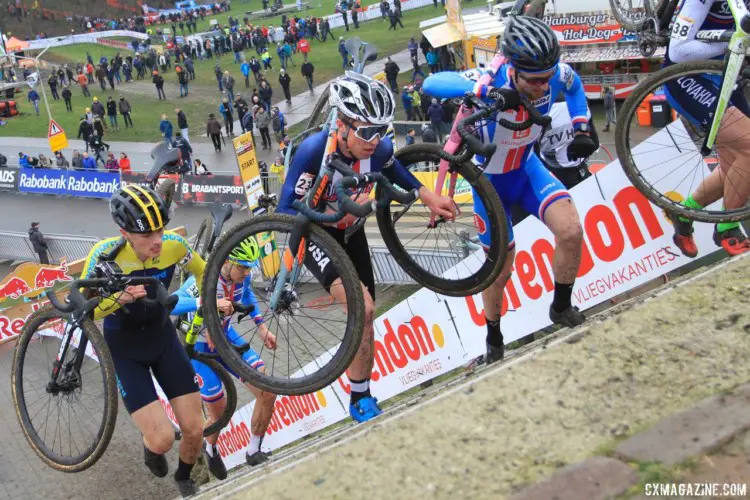 Eric Brunner heads up the run-up with a group of riders. 2018 Hoogerheide World Cup, U23 Men. © B. Hazen / Cyclocross Magazine