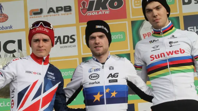 U23 Men's podium and list of likely favorites for Worlds: Eli Iserbyt, Tom Pidcock and Joris Nieuwenhuis. 2018 Hoogerheide World Cup, U23 Men. © B. Hazen / Cyclocross Magazine