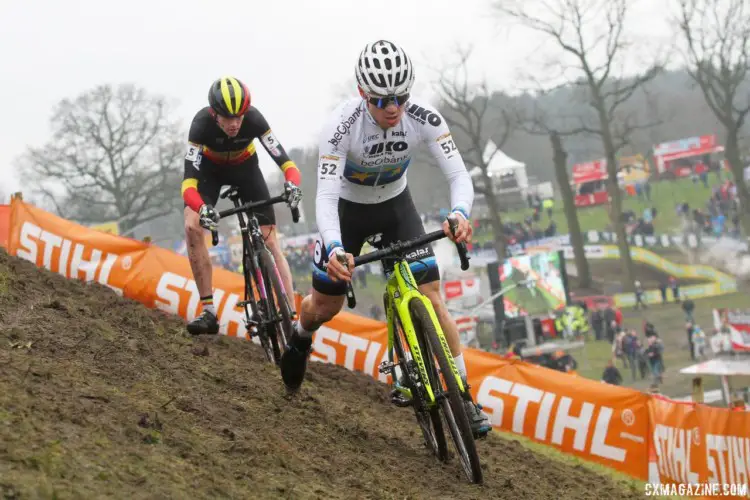 Euro Champion Loris Rouiller navigates the off-camber. 2018 Hoogerheide World Cup, Junior Men. © B. Hazen / Cyclocross Magazine
