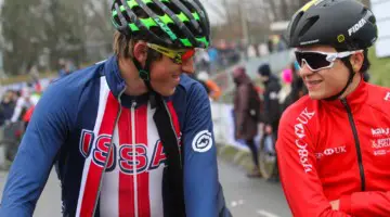 Gage Hecht and Tom Pidcock chat before the race. 2018 Hoogerheide World Cup, U23 Men. © B. Hazen / Cyclocross Magazine