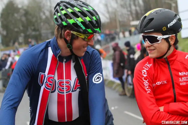 Gage Hecht and Tom Pidcock chat before the race. 2018 Hoogerheide World Cup, U23 Men. © B. Hazen / Cyclocross Magazine