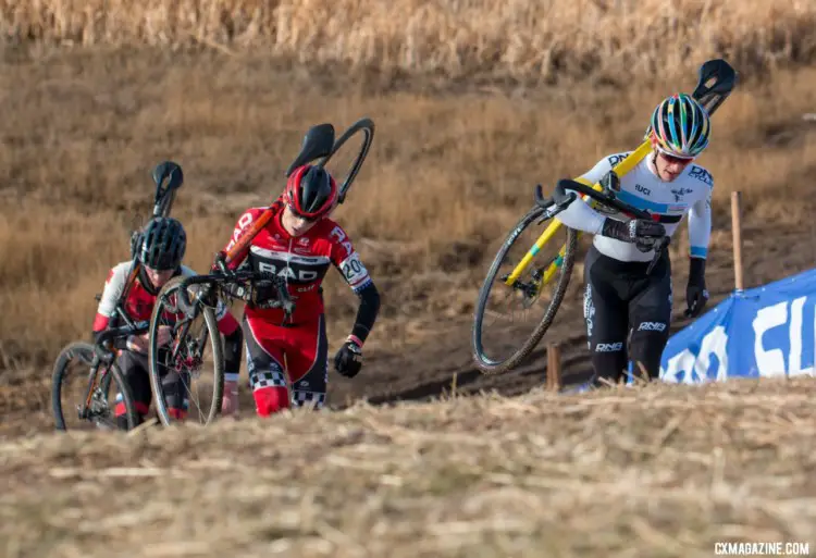 The leaders up the run-up. Junior Men 17-18. 2018 Cyclocross National Championships. © A. Yee / Cyclocross Magazine