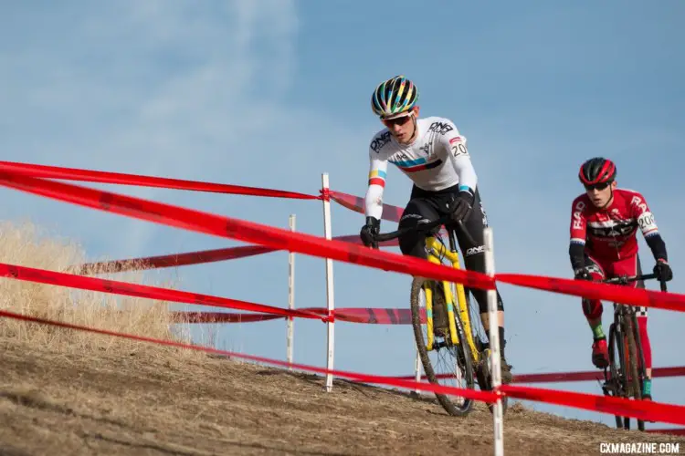 Ben Gomez Villafañe took the win over Scott Funston. Junior Men 17-18. 2018 Cyclocross National Championships. © A. Yee / Cyclocross Magazine