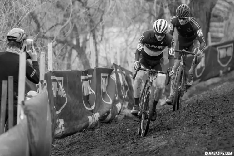 Grant Ellwood and Cooper Willsey rode together before Ellwood got away. 2018 Cyclocross National Championships. Collegiate Club Men. © A. Yee / Cyclocross Magazine