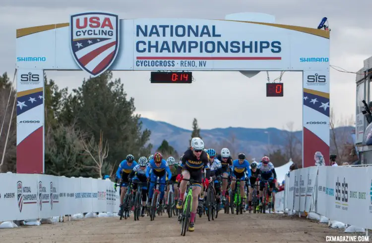 Cade Bickmore got out to a fast start on Wednesday. 2018 Cyclocross National Championships, Collegiate Varsity Men. © A. Yee / Cyclocross Magazine