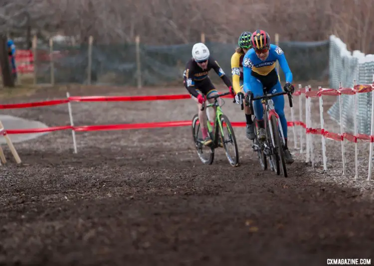 The early leaders were Nadell, Fix and Bickmore. 2018 Cyclocross National Championships, Collegiate Varsity Men. © A. Yee / Cyclocross Magazine