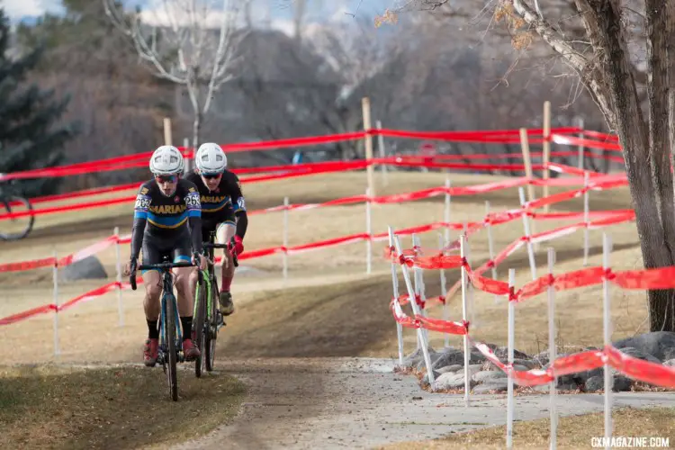 Caleb Swartz and Cade Bickmore tried to chase the leaders down. 2018 Cyclocross National Championships, Collegiate Varsity Men. © A. Yee / Cyclocross Magazine