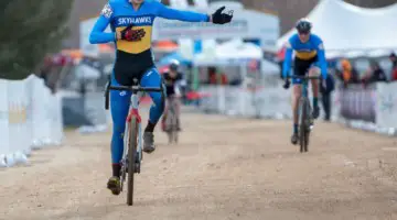 Henry Nadell points to his teammate Stephan Davoust, celebrating their 1-2 finish in Reno. 2018 Cyclocross National Championships. © A. Yee / Cyclocross Magazine