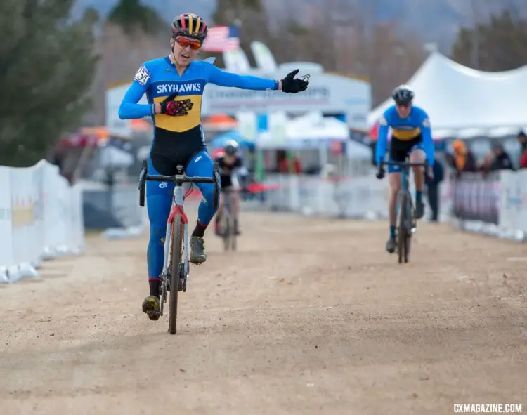 Henry Nadell points to his teammate Stephan Davoust, celebrating their 1-2 finish in Reno. 2018 Cyclocross National Championships. © A. Yee / Cyclocross Magazine