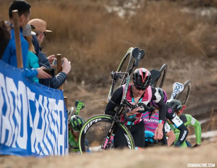 Powers leads the pack of six up the run-up. 2018 Cyclocross National Championships. © A. Yee / Cyclocross Magazine