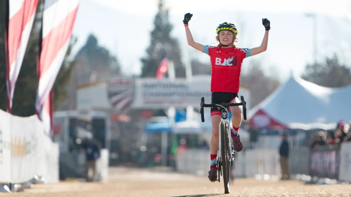 Henry Rapinz of Boulder celebrates his Junior Men's 11-12 win. 2018 Cyclocross National Championships. © A. Yee / Cyclocross Magazine