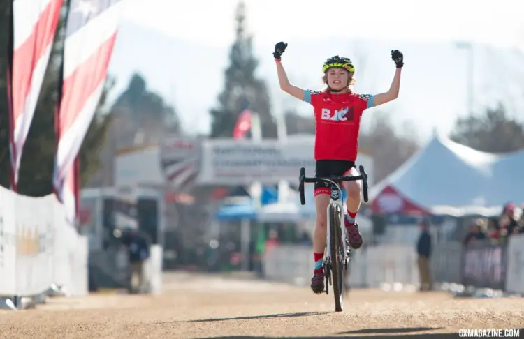 Henry Rapinz of Boulder celebrates his Junior Men's 11-12 win. 2018 Cyclocross National Championships. © A. Yee / Cyclocross Magazine