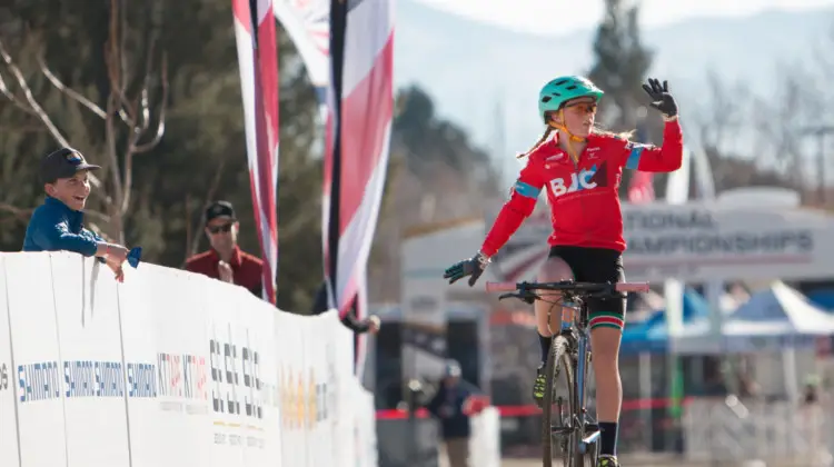 Haydn Hludzinski celebrates her Women's Junior 11-12 win. 2018 Cyclocross National Championships. © A. Yee / Cyclocross Magazine