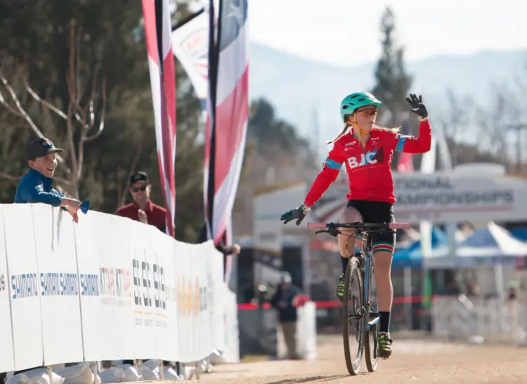 Haydn Hludzinski celebrates her Women's Junior 11-12 win. 2018 Cyclocross National Championships. © A. Yee / Cyclocross Magazine