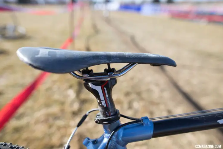 Hludzinski's San Marco saddle is not drastically lower than Dombroski's was, but there's still plenty of room to grow. 2018 Cyclocross National Championships. © A. Yee / Cyclocross Magazine