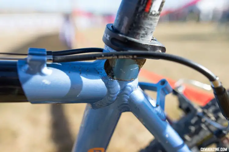 The bike was originally built for cantilevers, and has a cable hanger integrated into the frame. 2018 Cyclocross National Championships. © A. Yee / Cyclocross Magazine