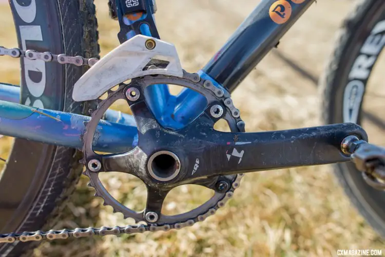 Without a clutch derailleur or a narrow-wide chainring, Hludzinski used a substantial e13 XCX+CX chain guard for insurance. 2018 Cyclocross National Championships. © A. Yee / Cyclocross Magazine