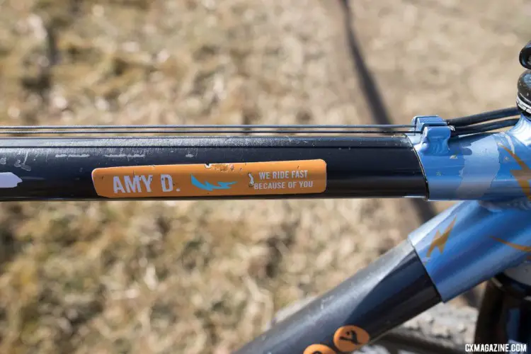 An Amy D. Foundation decal graces the top tube of the organization's namesake's former race bike. 2018 Cyclocross National Championships. © A. Yee / Cyclocross Magazine