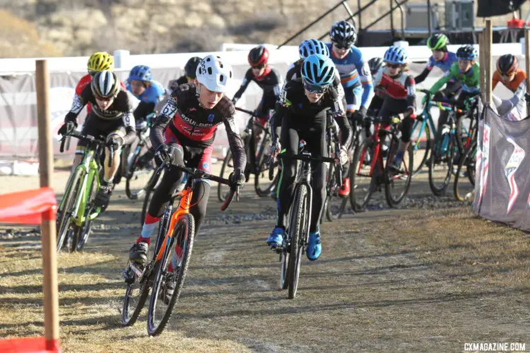 The Junior 13-14 men get out to a fast start. Junior Men 13-14. 2018 Cyclocross National Championships. © D. Mable/ Cyclocross Magazine