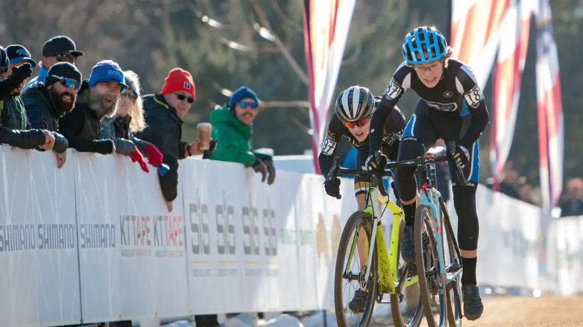 Luke Heinrich eked out a sprint win to take the Junior Men's 13-14 title. 2018 Cyclocross National Championships. © A. Yee / Cyclocross Magazine