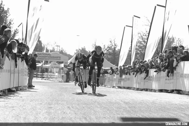 The Junior Men 13-14 race finished with an exciting sprint. Junior Men 13-14. 2018 Cyclocross National Championships. © D. Mable/ Cyclocross Magazine