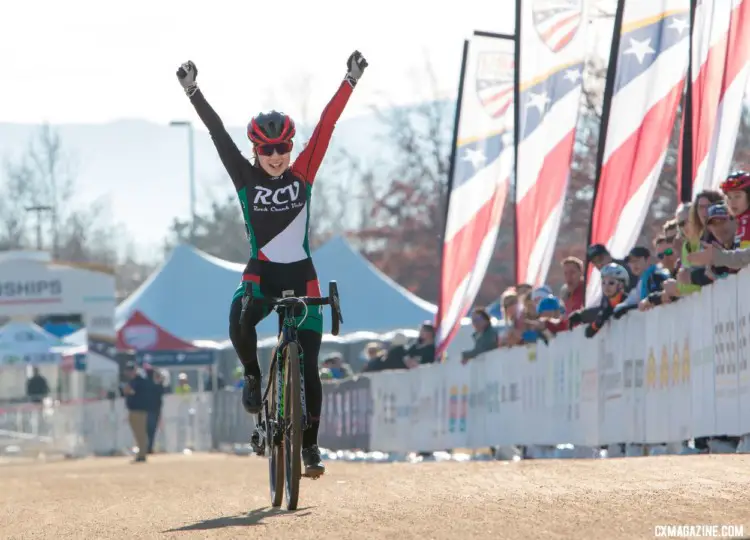Katherine Sarkisov celebrates her Junior Women's 13-14 title. 2018 Cyclocross National Championships. © A. Yee / Cyclocross Magazine