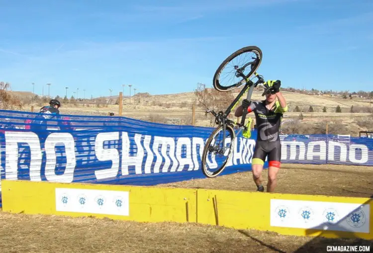 A rare bobble by Sheffield at the barriers didn't derail his title chances. Junior Men 15-16. a2018 Cyclocross National Championships. © D. Mable/ Cyclocross Magazine